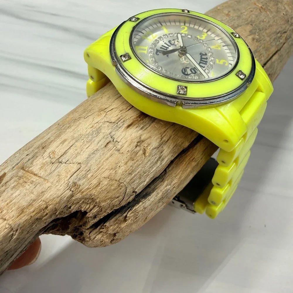 Juicy Couture Neon Yellow Crystal Accent Link Bracelet Watch Working